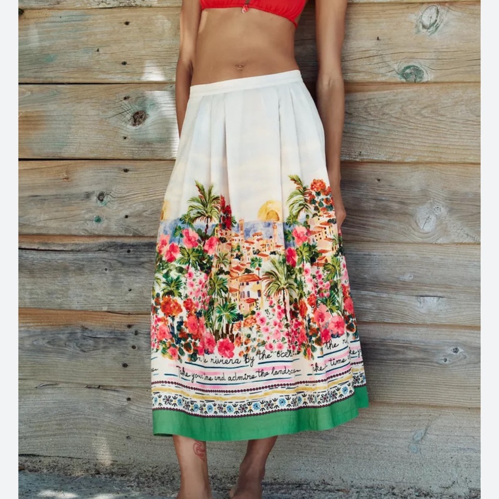 Zara Scenic Print Midi Skirt - Multicolor